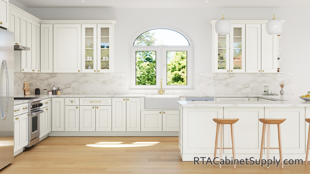 Newport Champagne Shaker kitchen front view with an island.