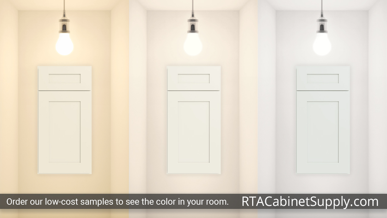 Newport Champagne Shaker cabinet door under different light.