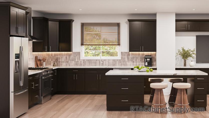 Newport Espresso Shaker kitchen front view with an island.