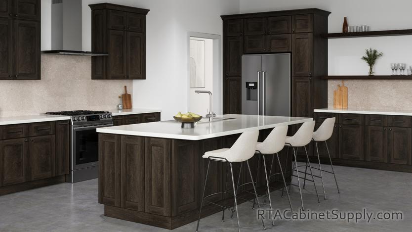 Newport Smoke Shaker kitchen angle view with an island and floating shelves.