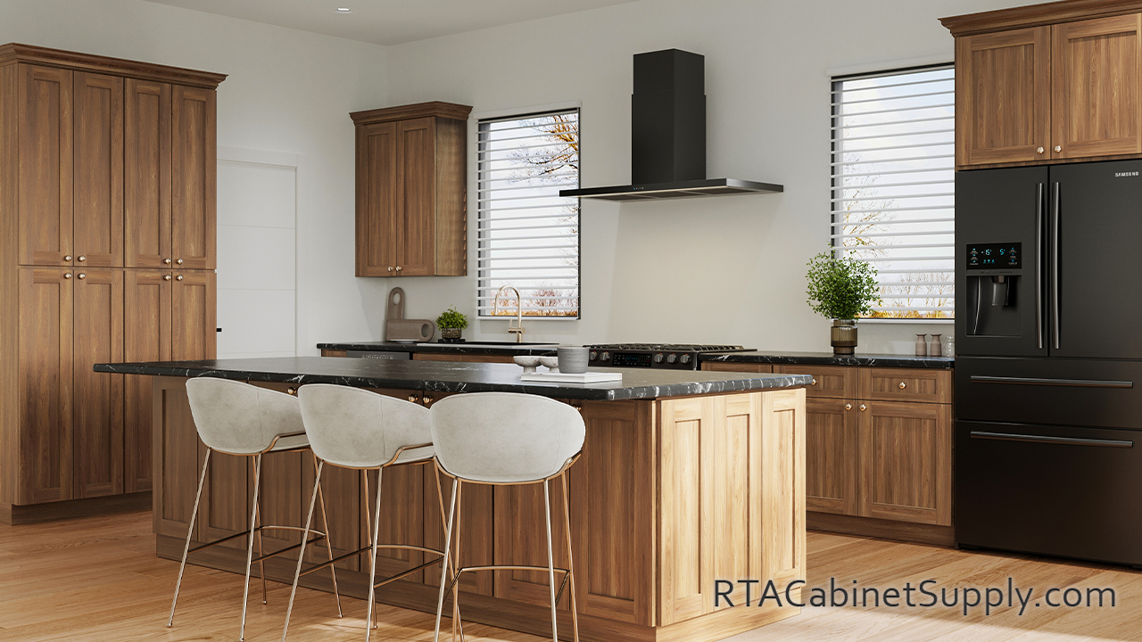 Newport Woodland Shaker kitchen angle view with an island and pantry cabinets.