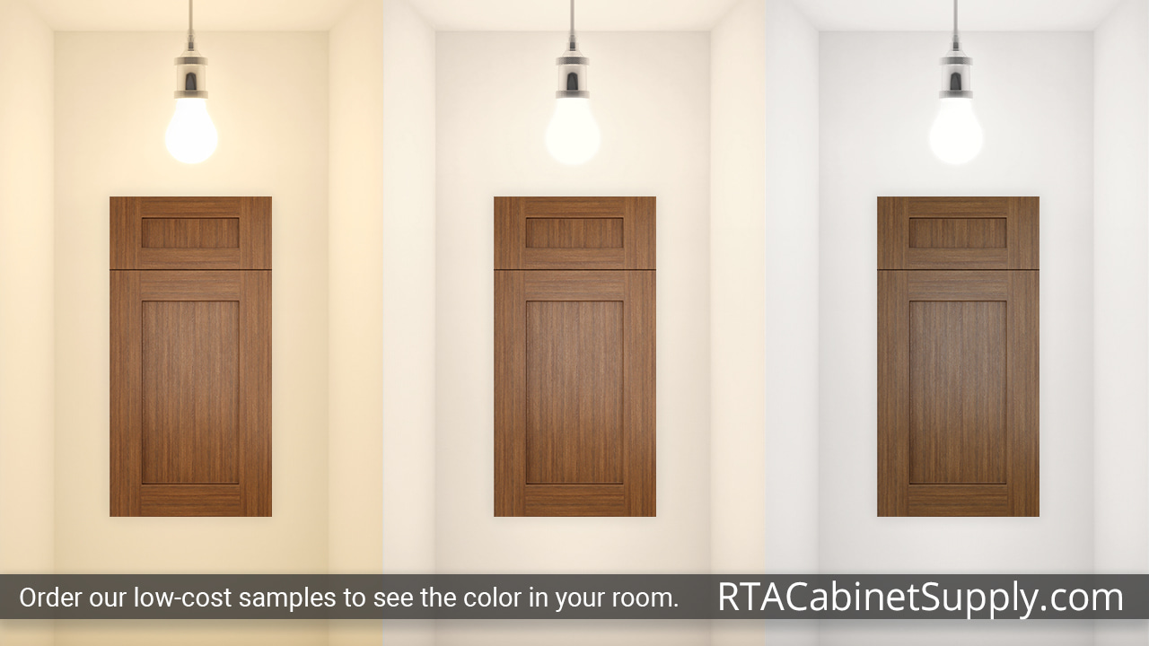 Newport Woodland Shaker cabinet door under different light.
