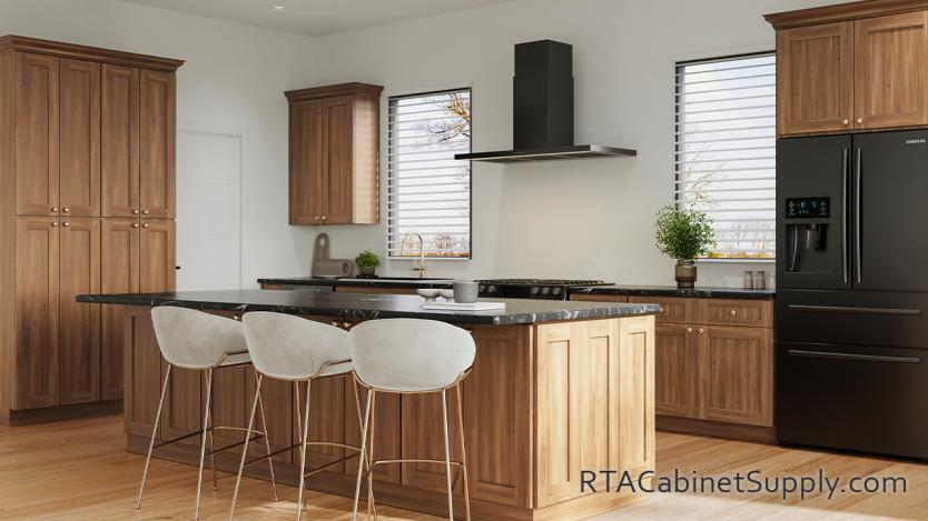 Newport Woodland Shaker kitchen angle view with an island and pantry cabinets.
