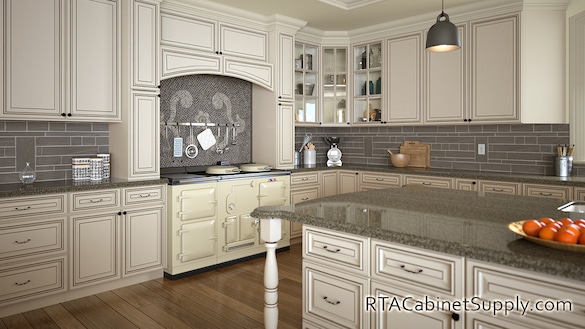 Pearl Glaze kitchen full view with an island.