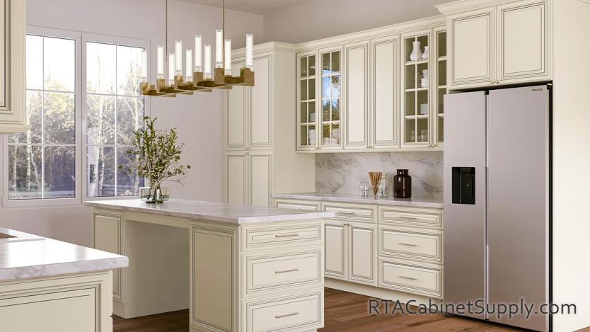 Pearl Glaze kitchen angle view with an island.