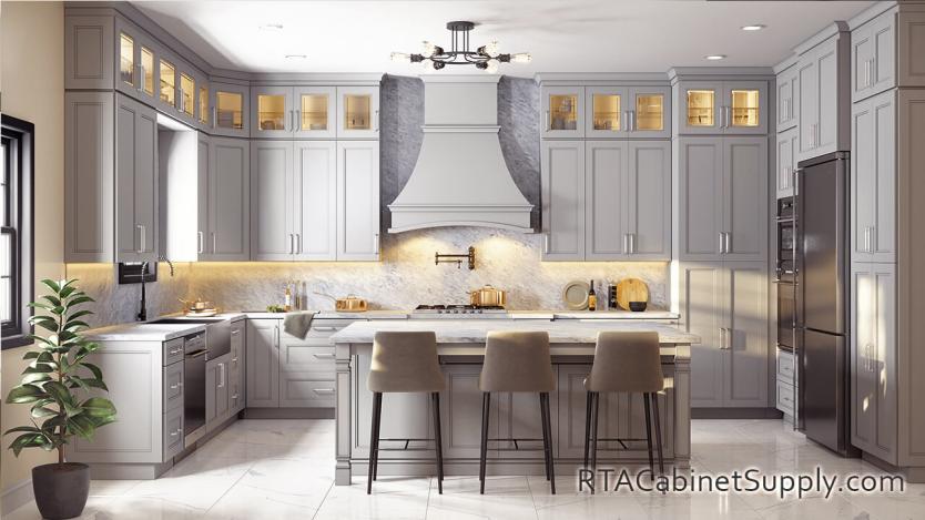 Preston Grey kitchen full view with an island.