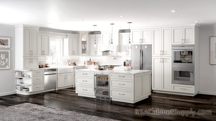 Preston White kitchen full view with an island.