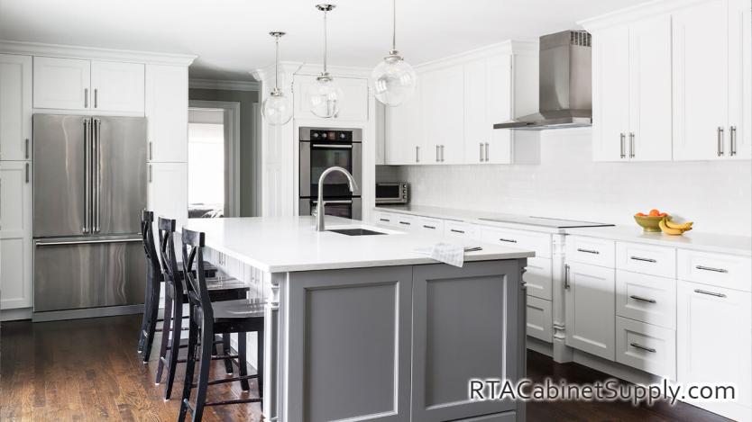 Richmond Frost kitchen angle view with an island.