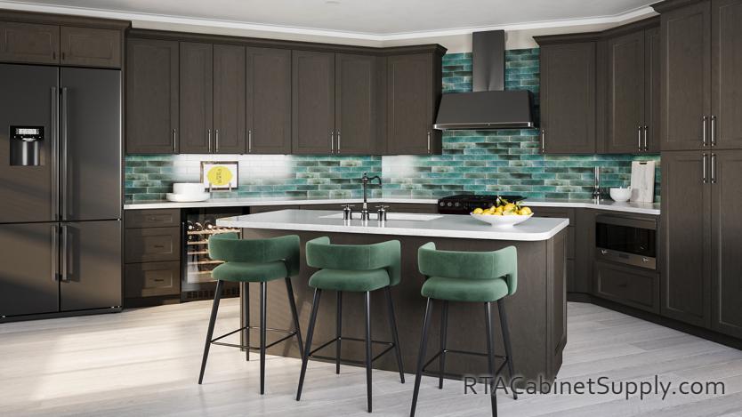 Rumson Grey kitchen angle view with an island.