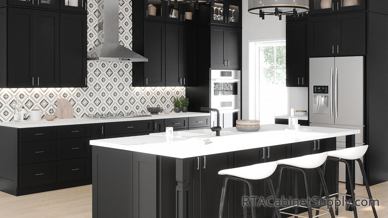 Salem Black Shaker kitchen full view with an island.