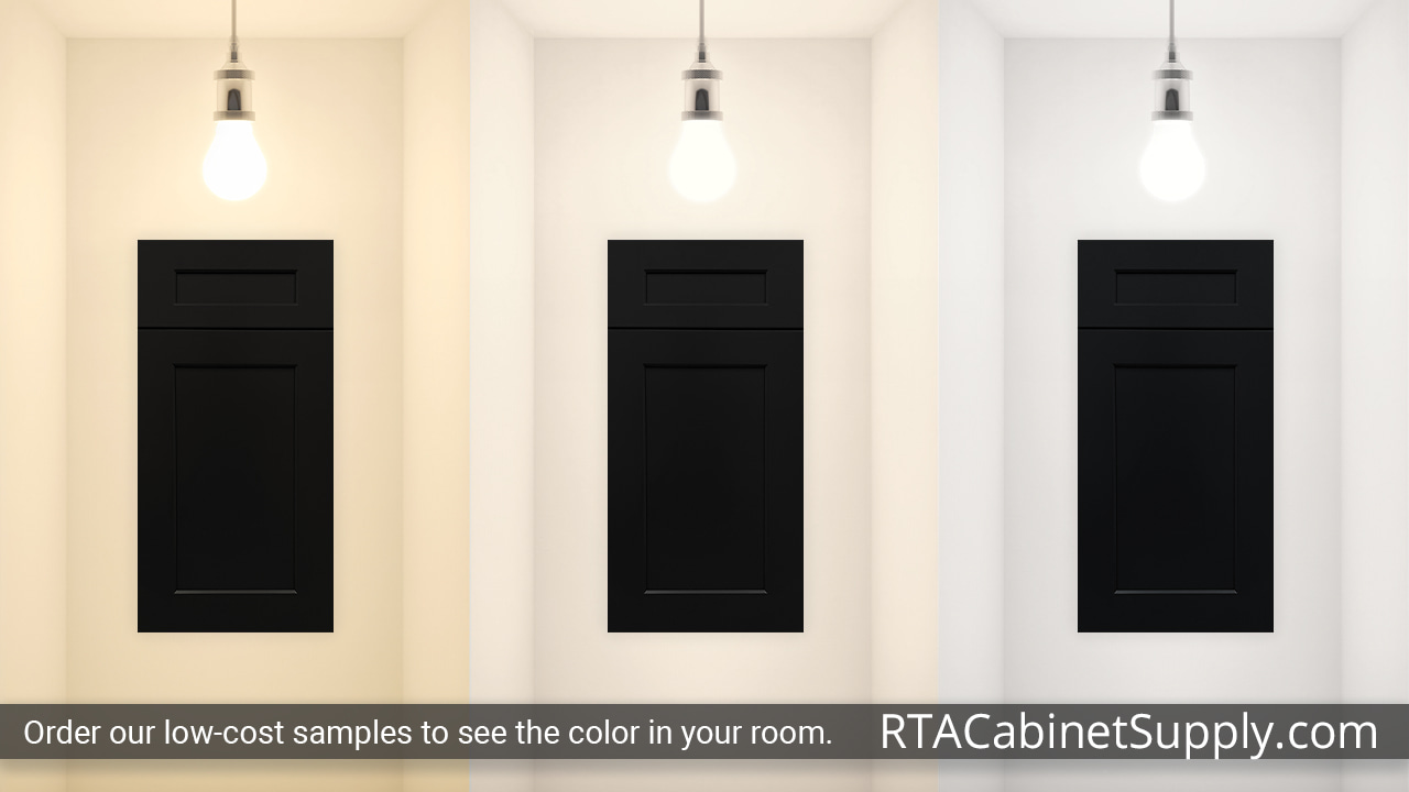Salem Black Shaker cabinet door under different light.