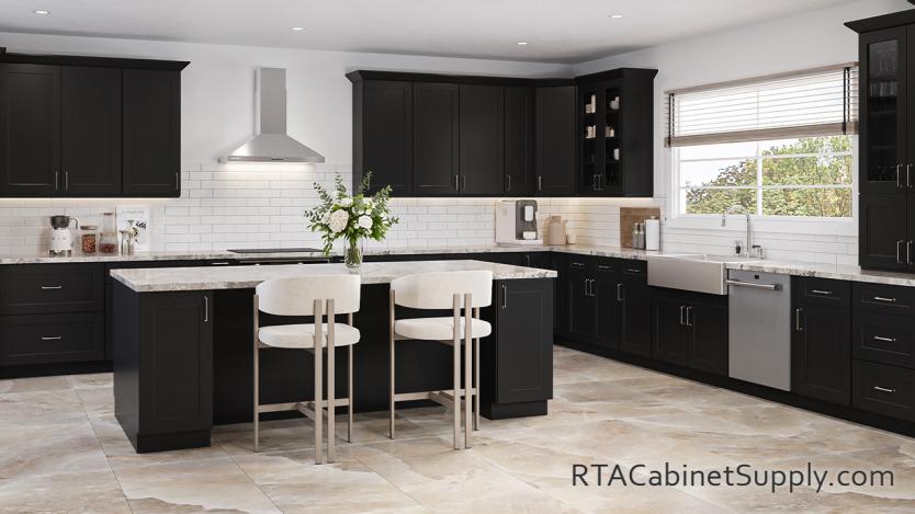 Salem Black Shaker kitchen angle view with an island.