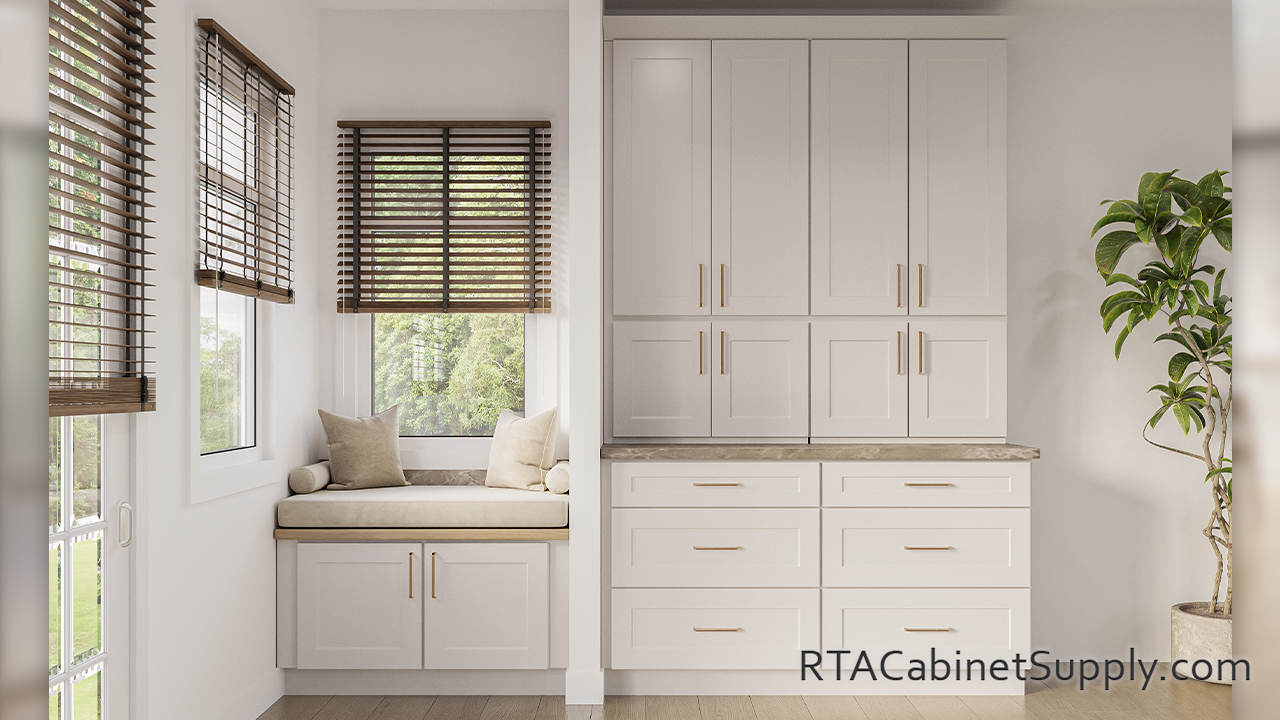 Salem Dove Shaker kitchen close up with bench seat and countertop cabinets.