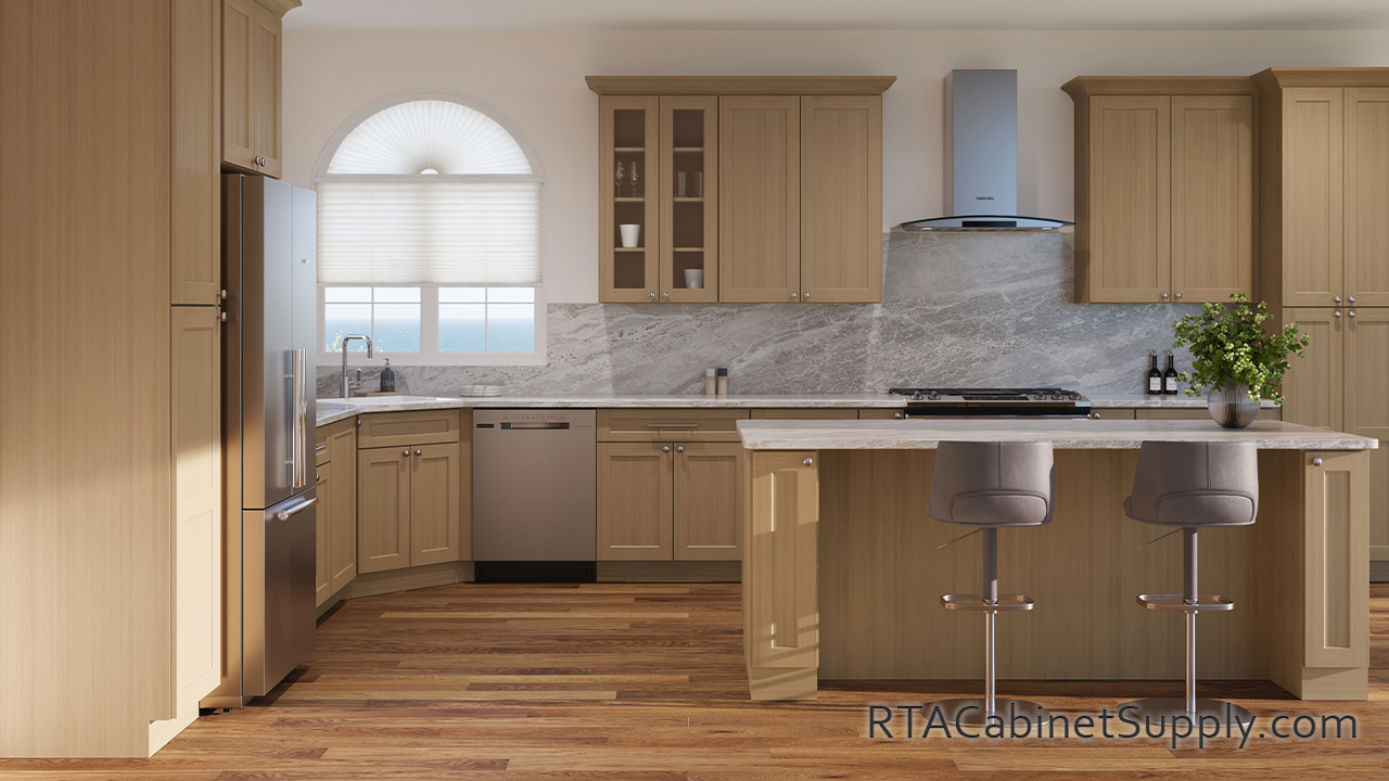 Salem Essence Oak Shaker kitchen front view cabinets.