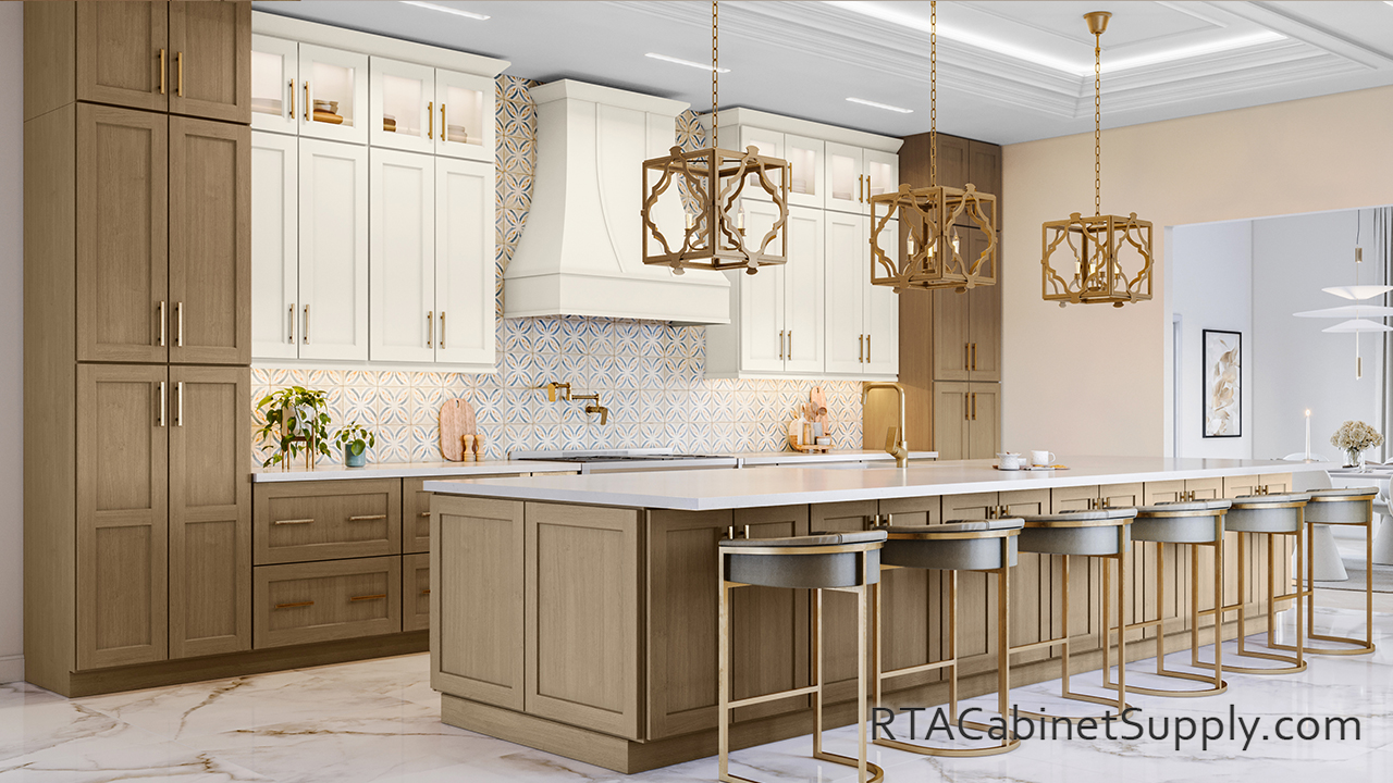 Salem Essence Oak Shaker kitchen with wood hood.