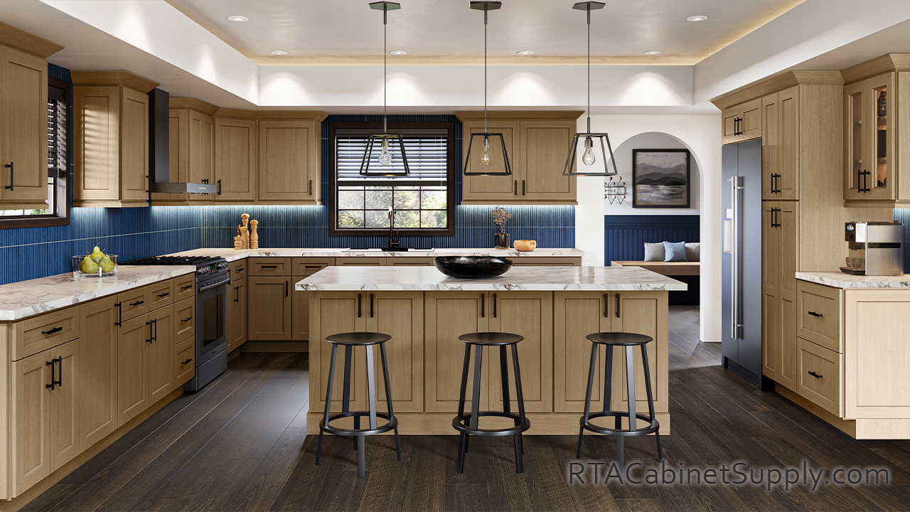 Salem Essence Oak Shaker kitchen with wall glass door cabinets.