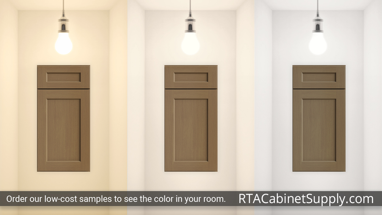 Salem Essence Oak Shaker cabinet door under different light.
