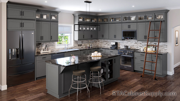 Salem Grey Shaker kitchen full angle view with an island.