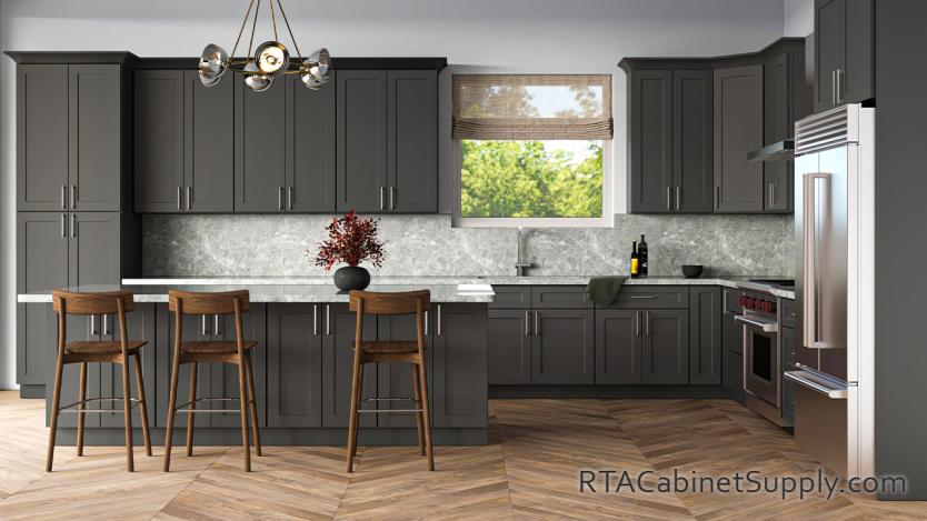 Salem Grey Shaker kitchen full angle view with an island.