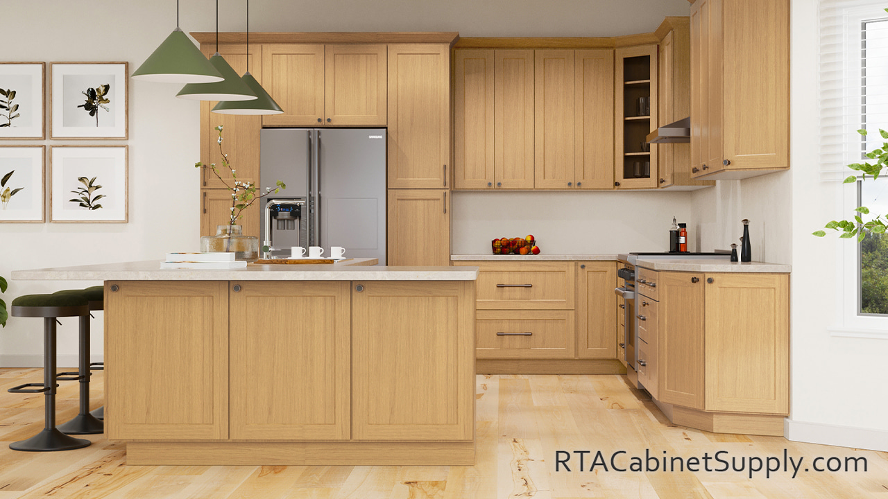 Salem Honey Shaker kitchen with pantry cabinet.