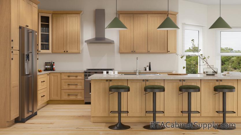 Salem Honey Shaker kitchen front view with an island.
