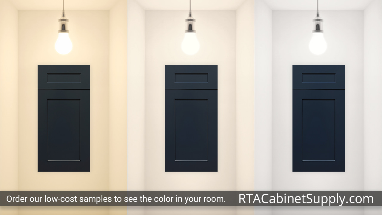 Salem Navy Shaker cabinet door under different light.