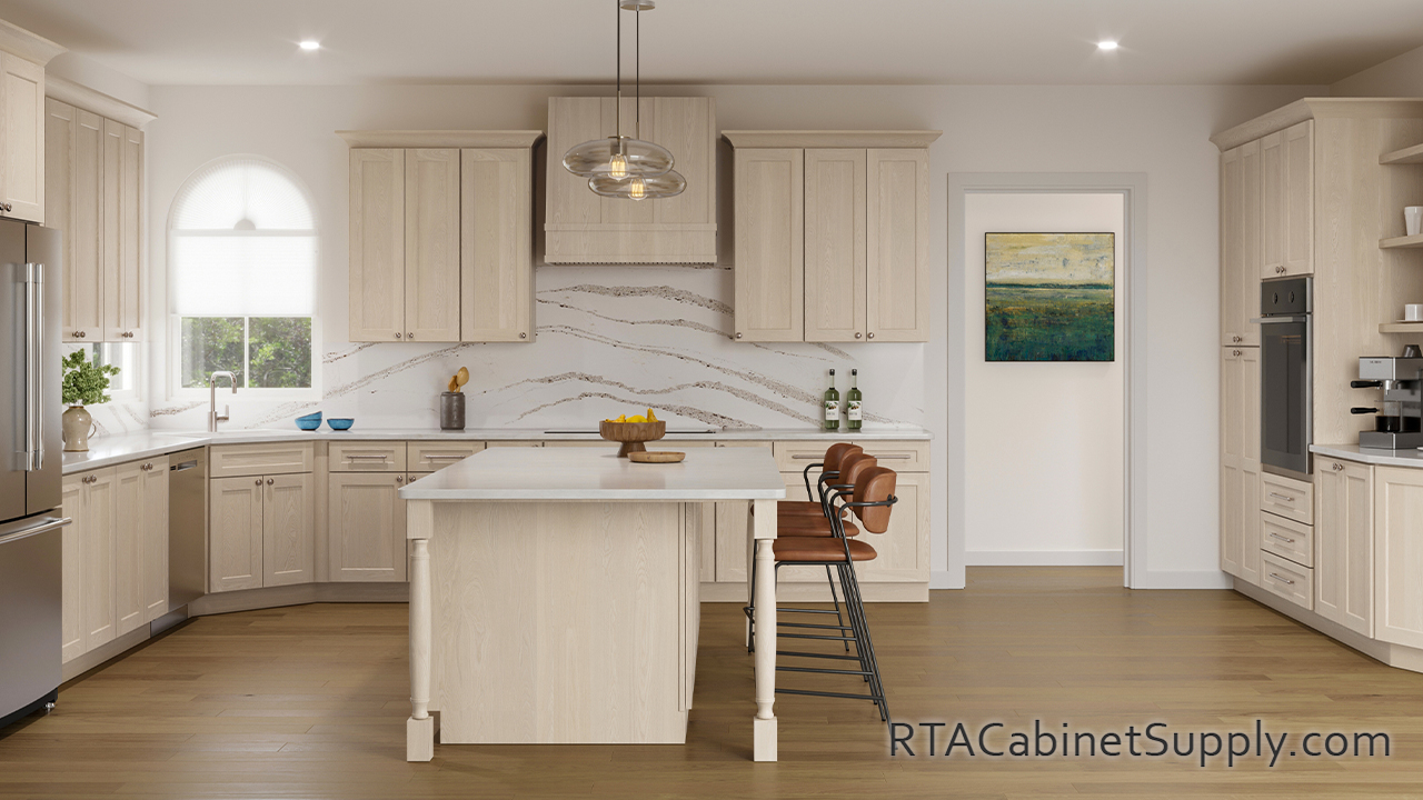 Salem Unfinished Shaker kitchen front view cabinets.