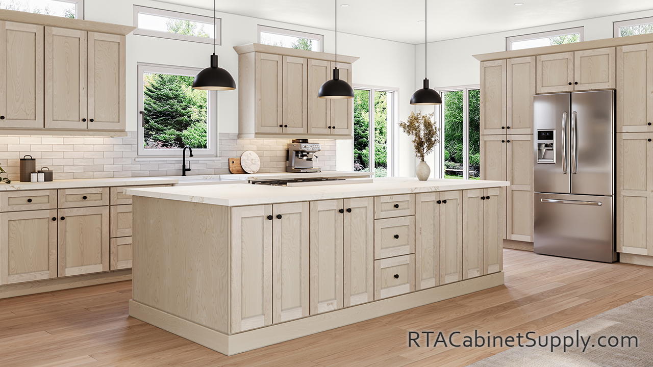 Salem Unfinished Shaker kitchen with pantry cabinets.