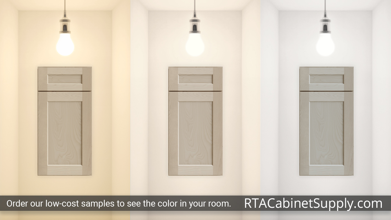 Salem Unfinished Shaker cabinet door under different light.