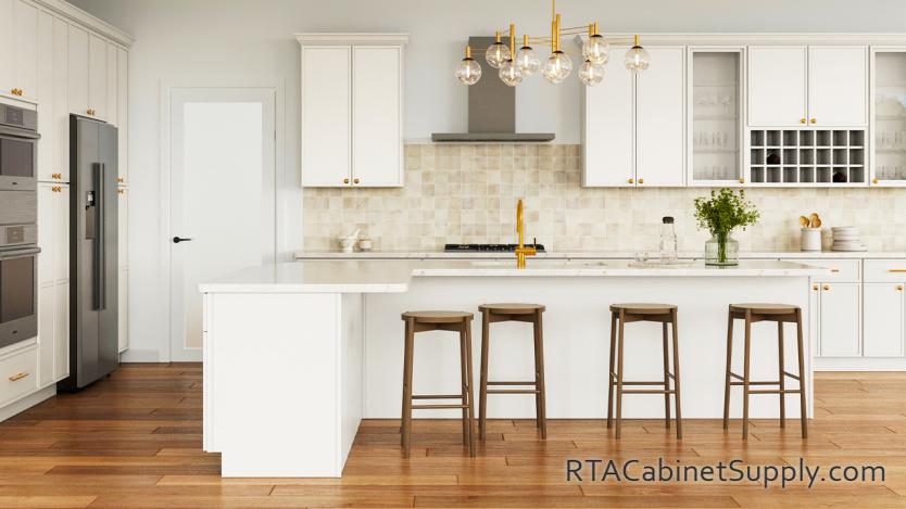 Sonoma Dove kitchen full view with an island and wine cabinet.