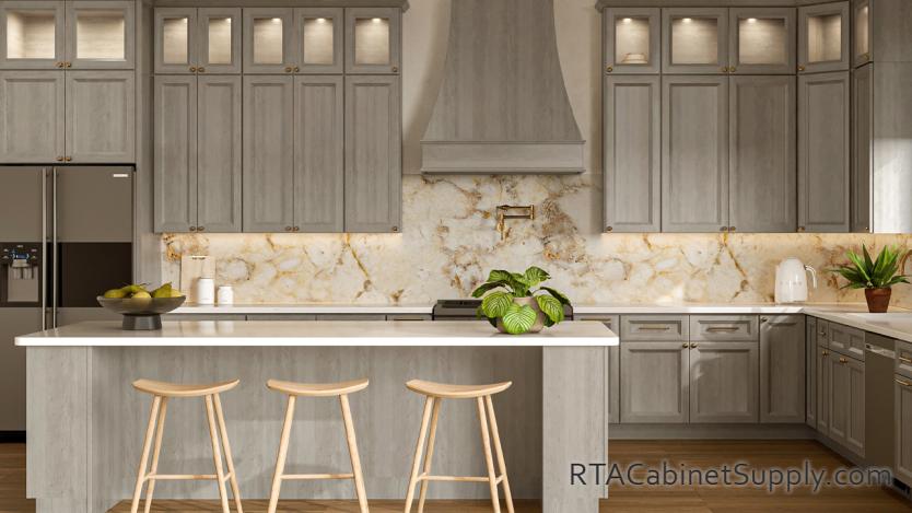 Springfield Mist kitchen front view with an island.