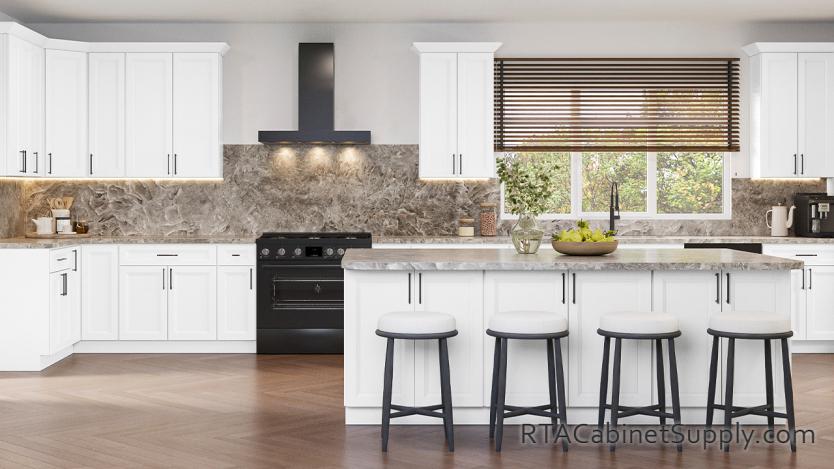 Springfield White kitchen front view with an island.