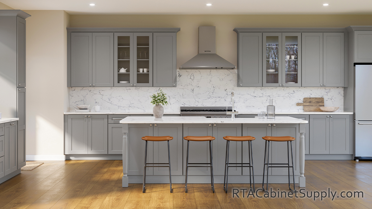 Summit Grey Shaker kitchen with wall glass door cabinets.