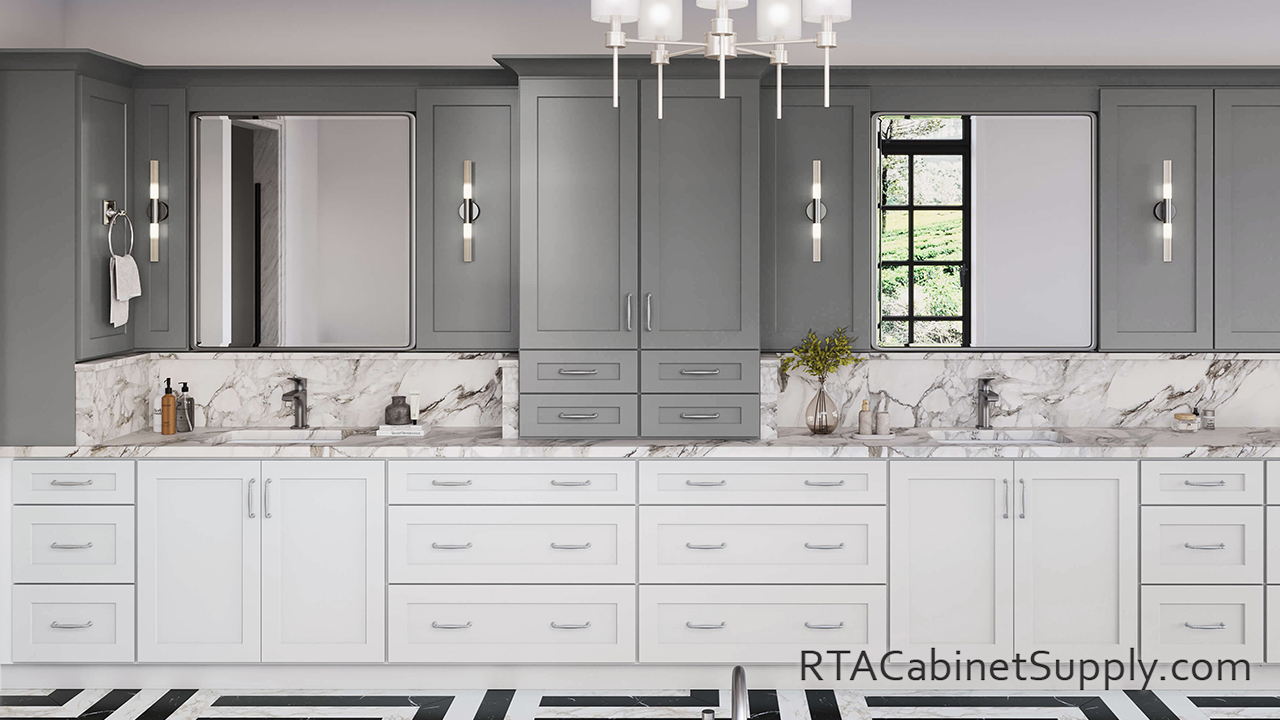 Summit Grey Shaker bathroom vanity cabinets.