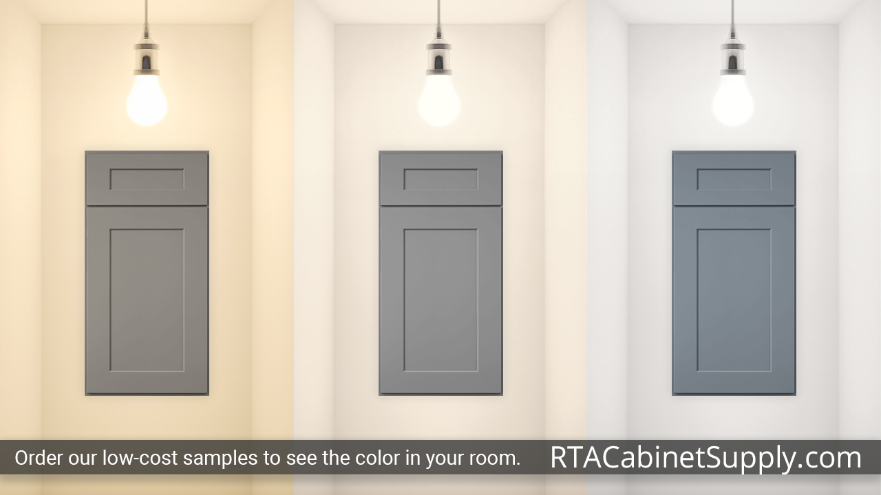 Summit Grey Shaker cabinet door under different light.