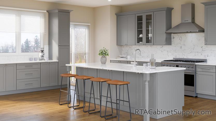 Summit Grey Shaker kitchen angle view with an island.