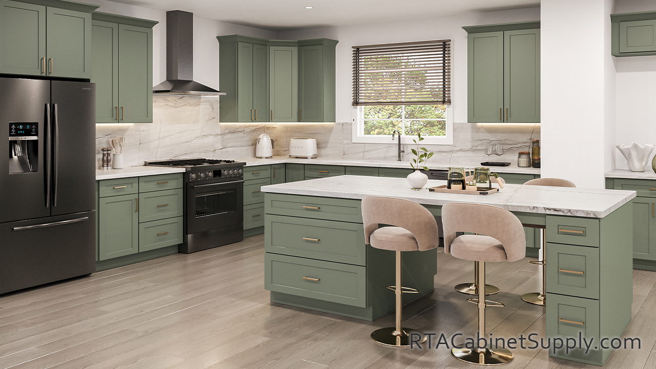 Summit Hazel Shaker kitchen angle view with an island and wall cabinets.