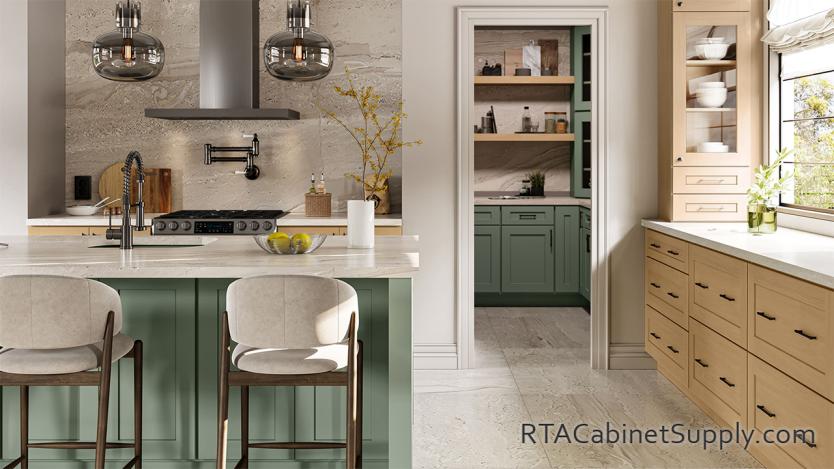 Summit Hazel Shaker kitchen angle view with an island and wall cabinets.
