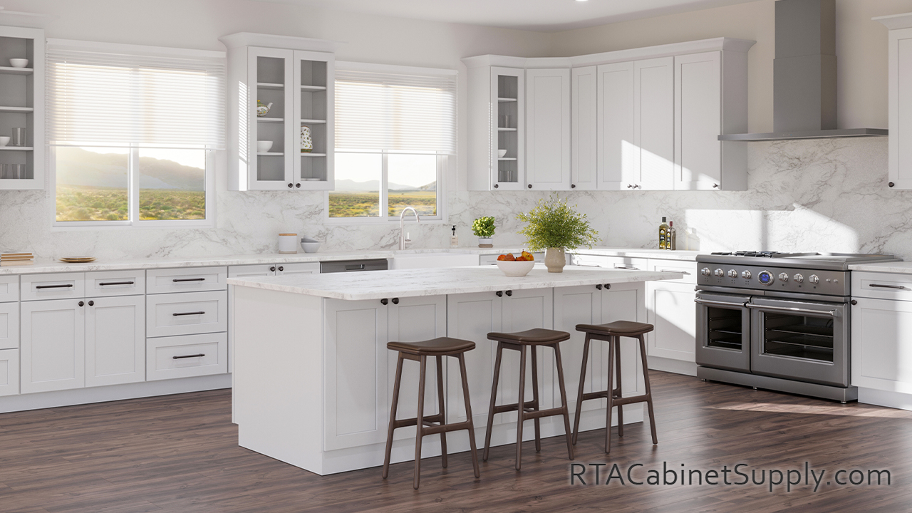Summit White Shaker kitchen angle view with an island.