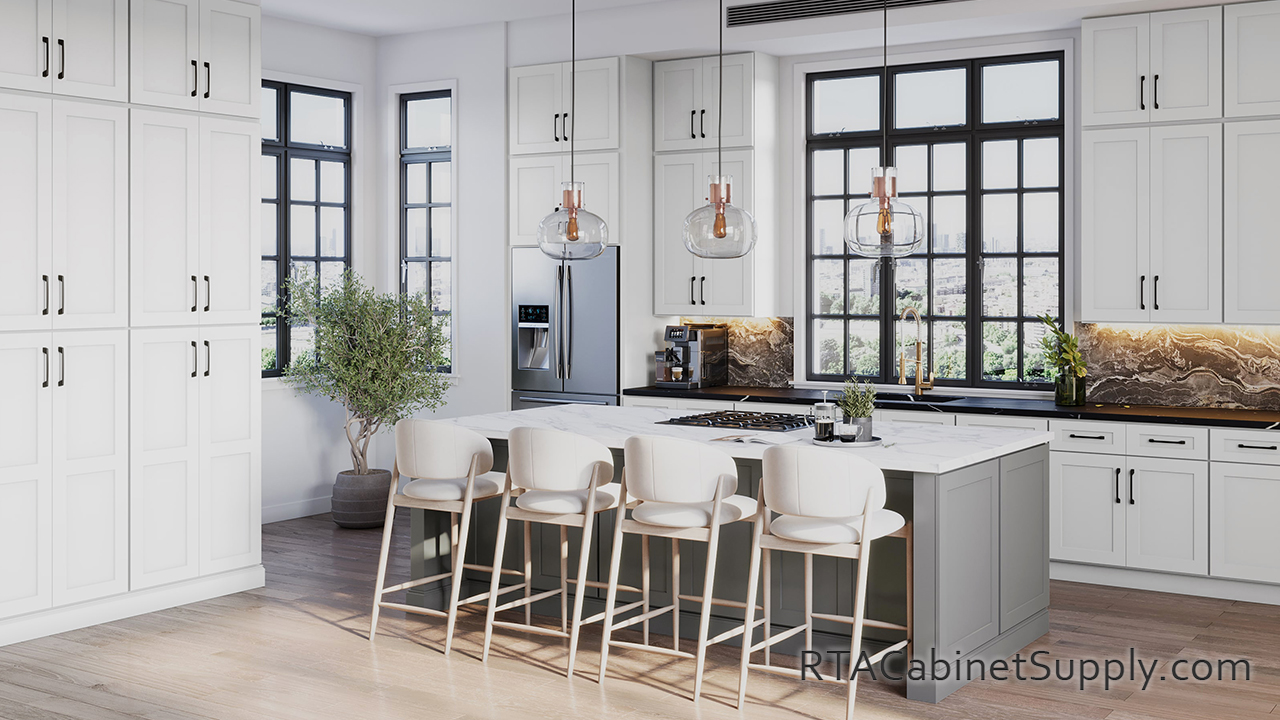 Summit White Shaker kitchen with pantry cabinets.