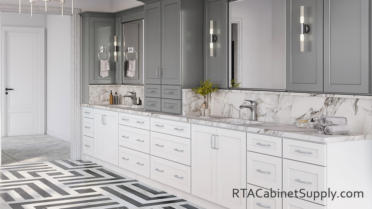 Summit White Shaker bathroom vanity cabinets.