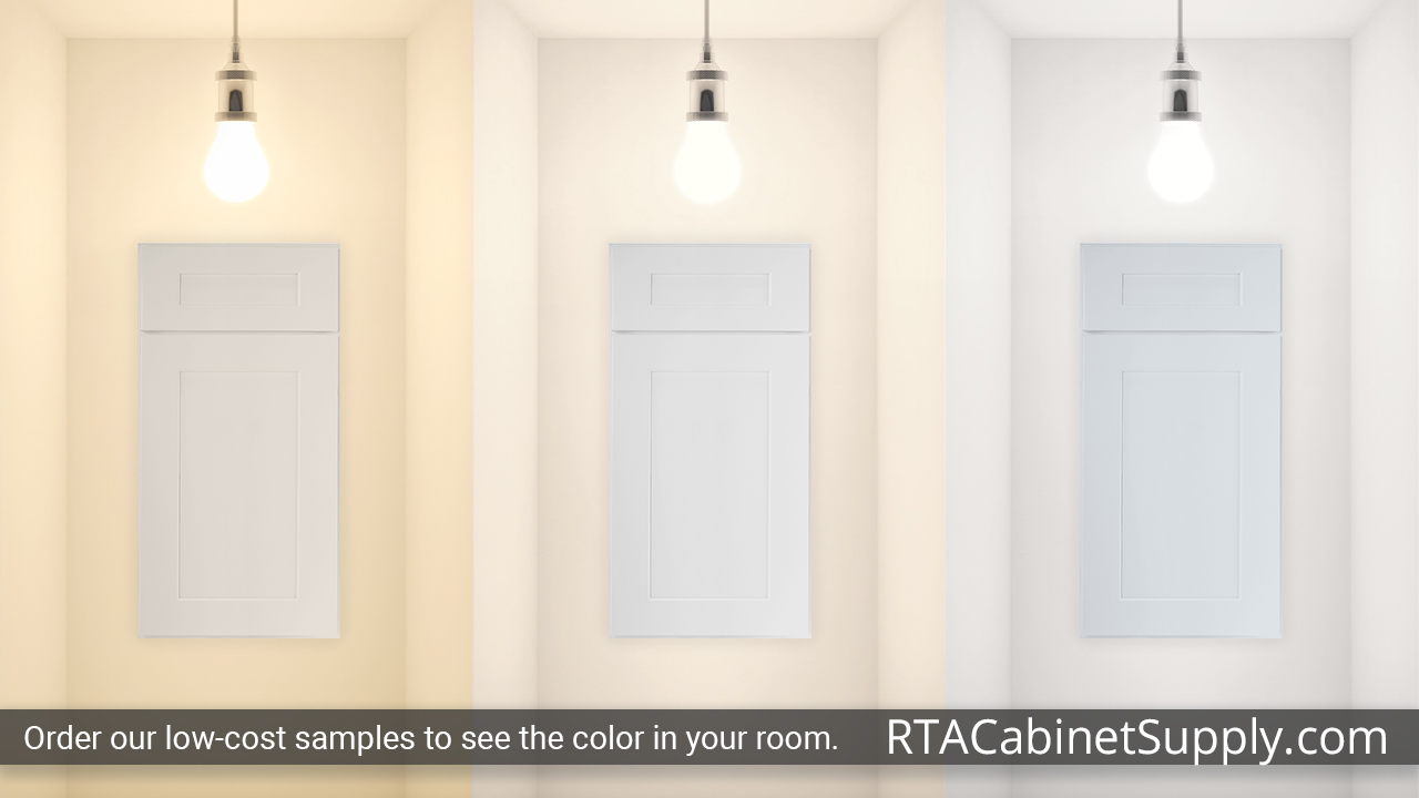 Summit White Shaker cabinet door under different light.