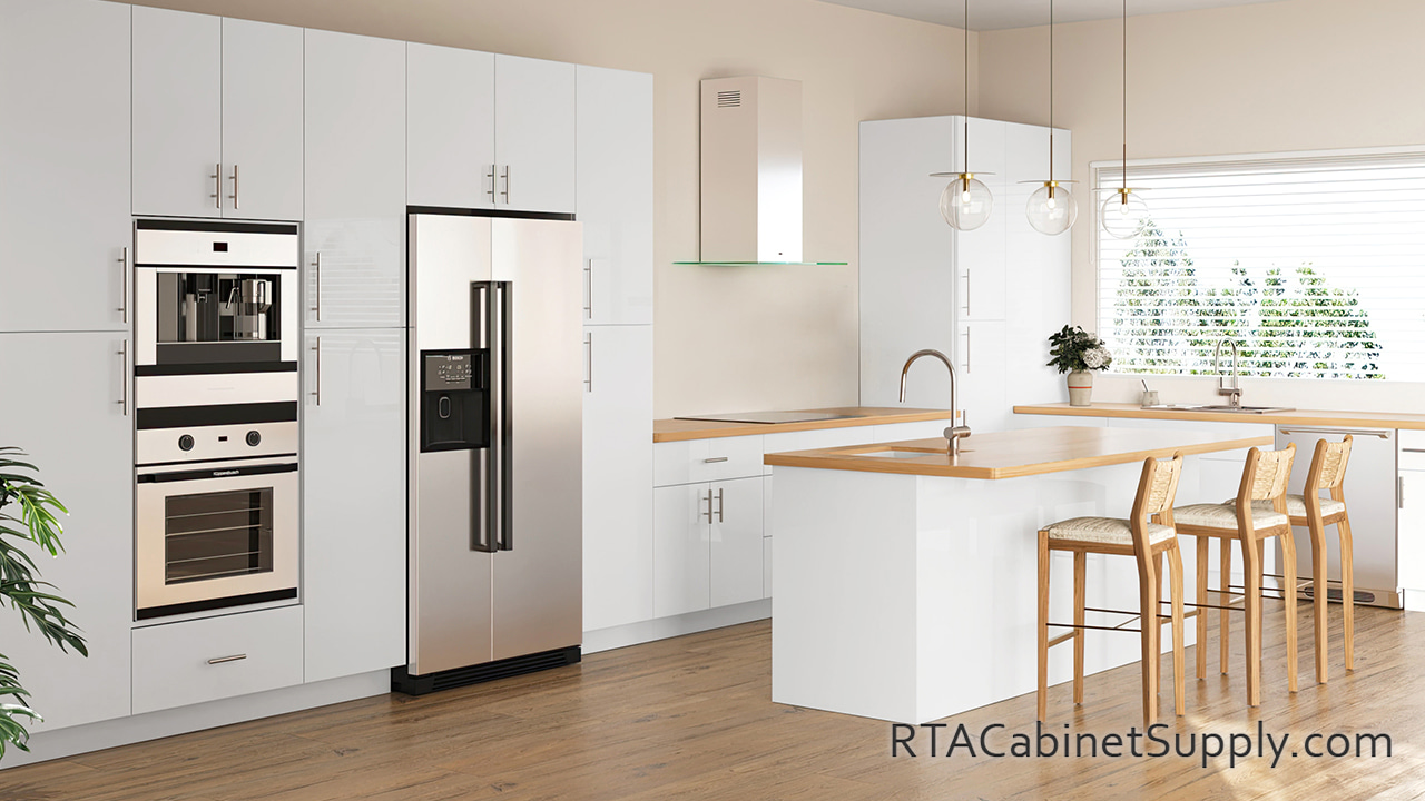 Ultra White kitchen full view with an island.