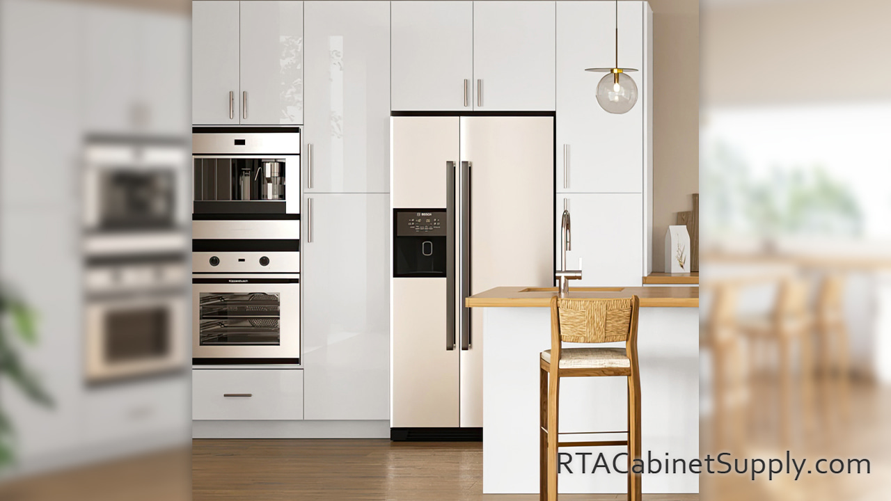Ultra White kitchen full view with an island.