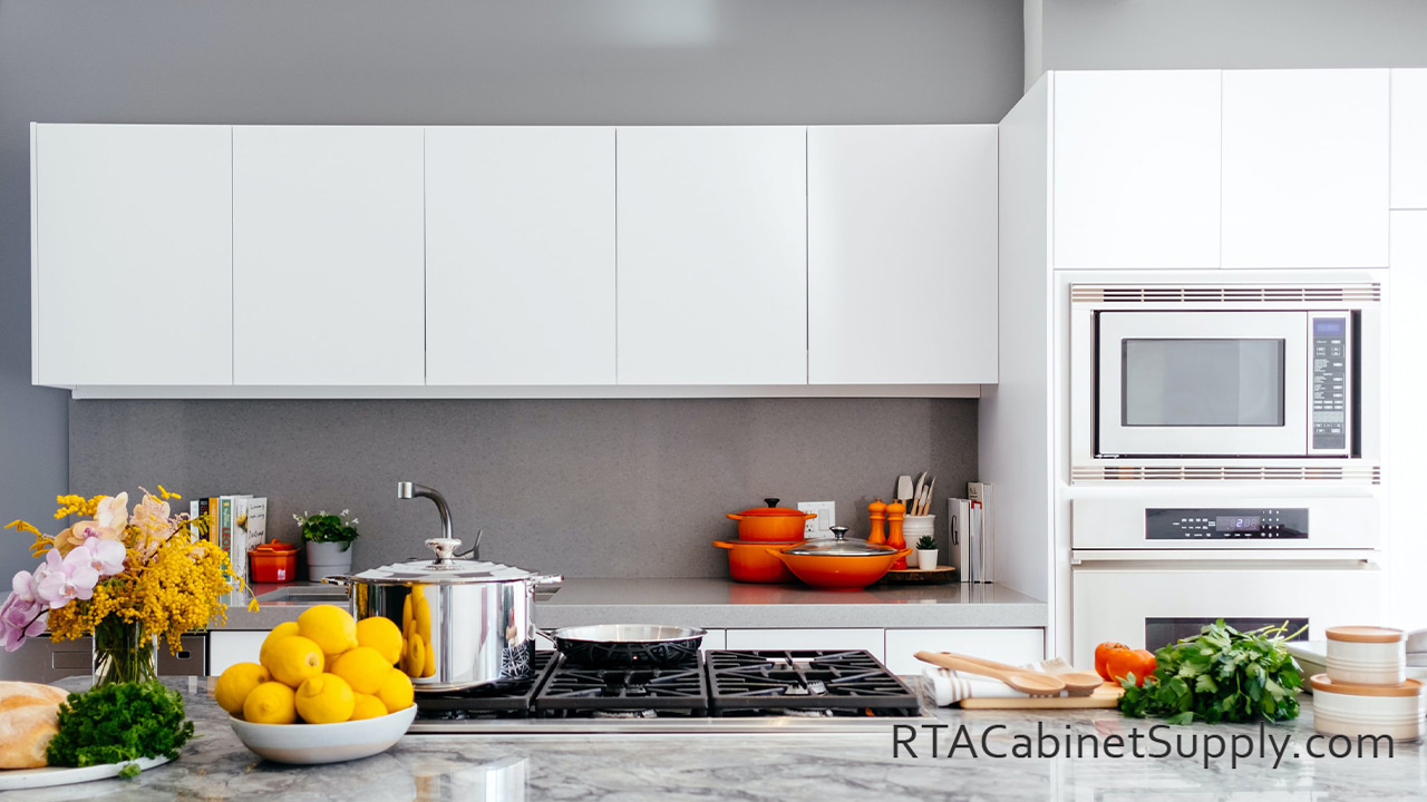 Ultra White kitchen wall cabinets view.