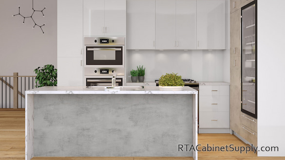 Urban Concrete Gray kitchen cabinets with an island.
