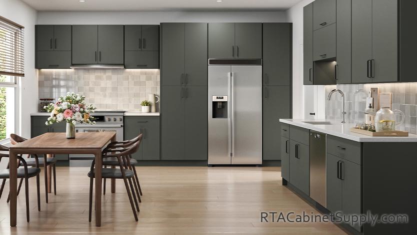 Urban Emerald kitchen front view with pantry cabinets.