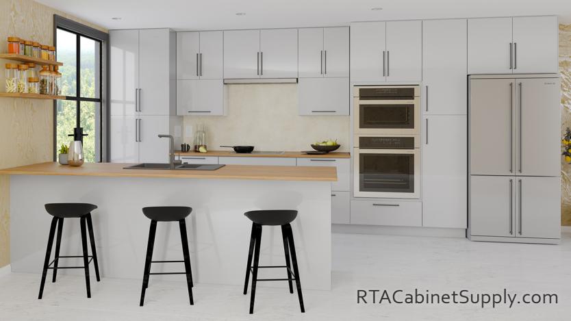 Urban Harbor Gray kitchen cabinets with an island.