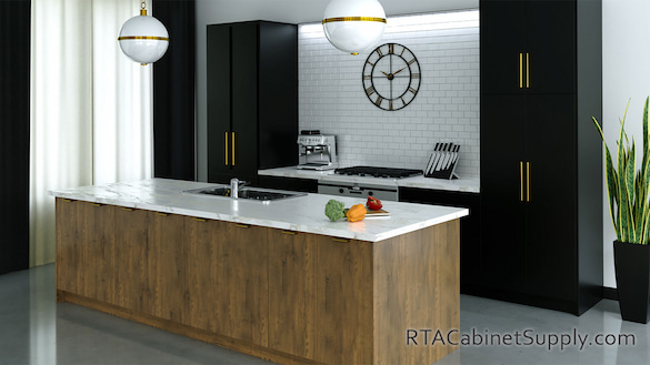 Urban Umbria Elm kitchen cabinets with an island.