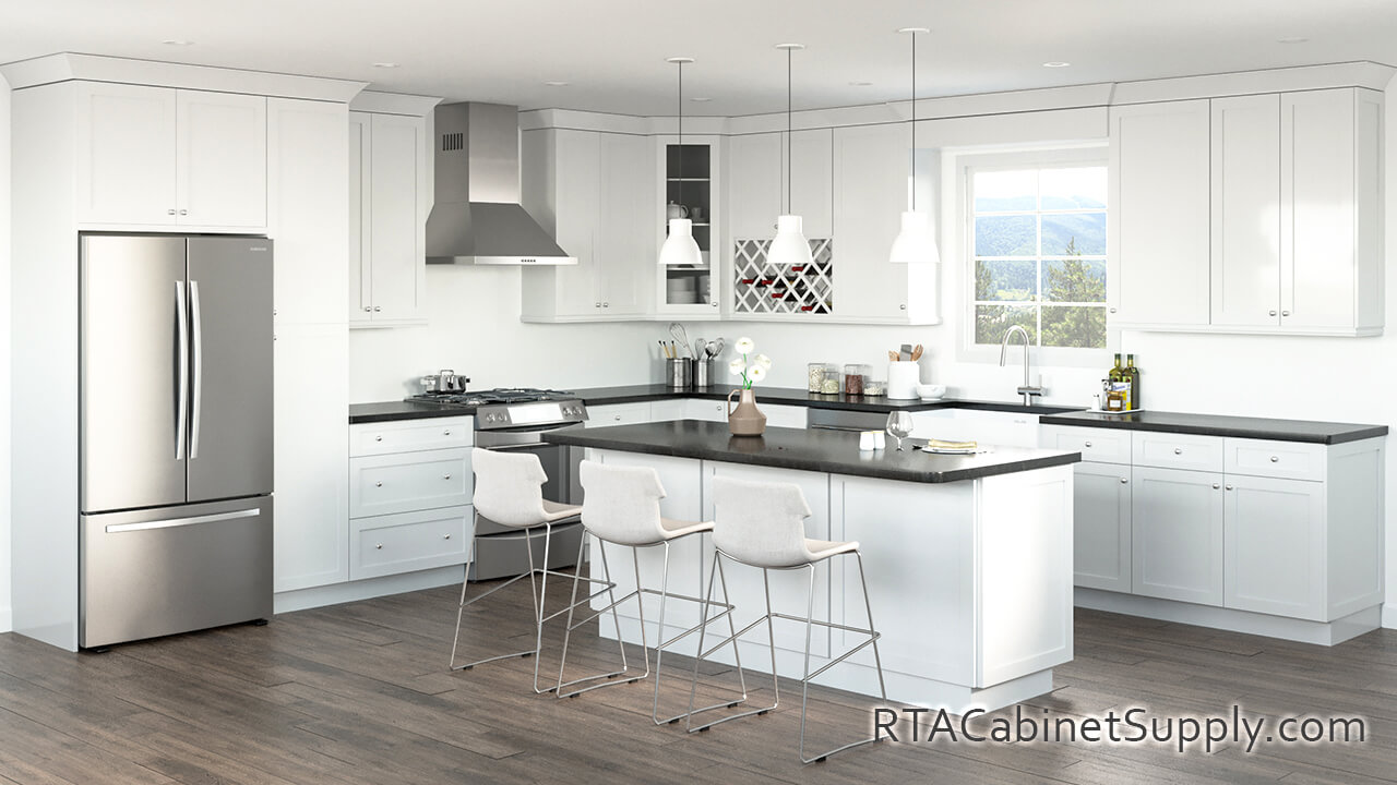 Victoria White Shaker kitchen full view with an island.